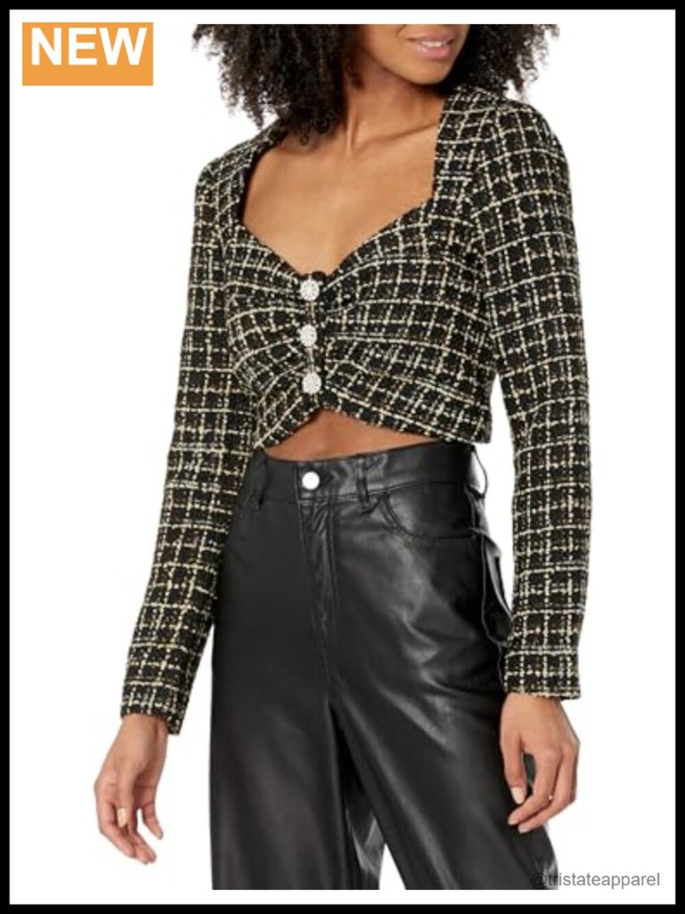 Women's Long Sleeve Tweed Crop Top - Faux Leather, Notched Collar